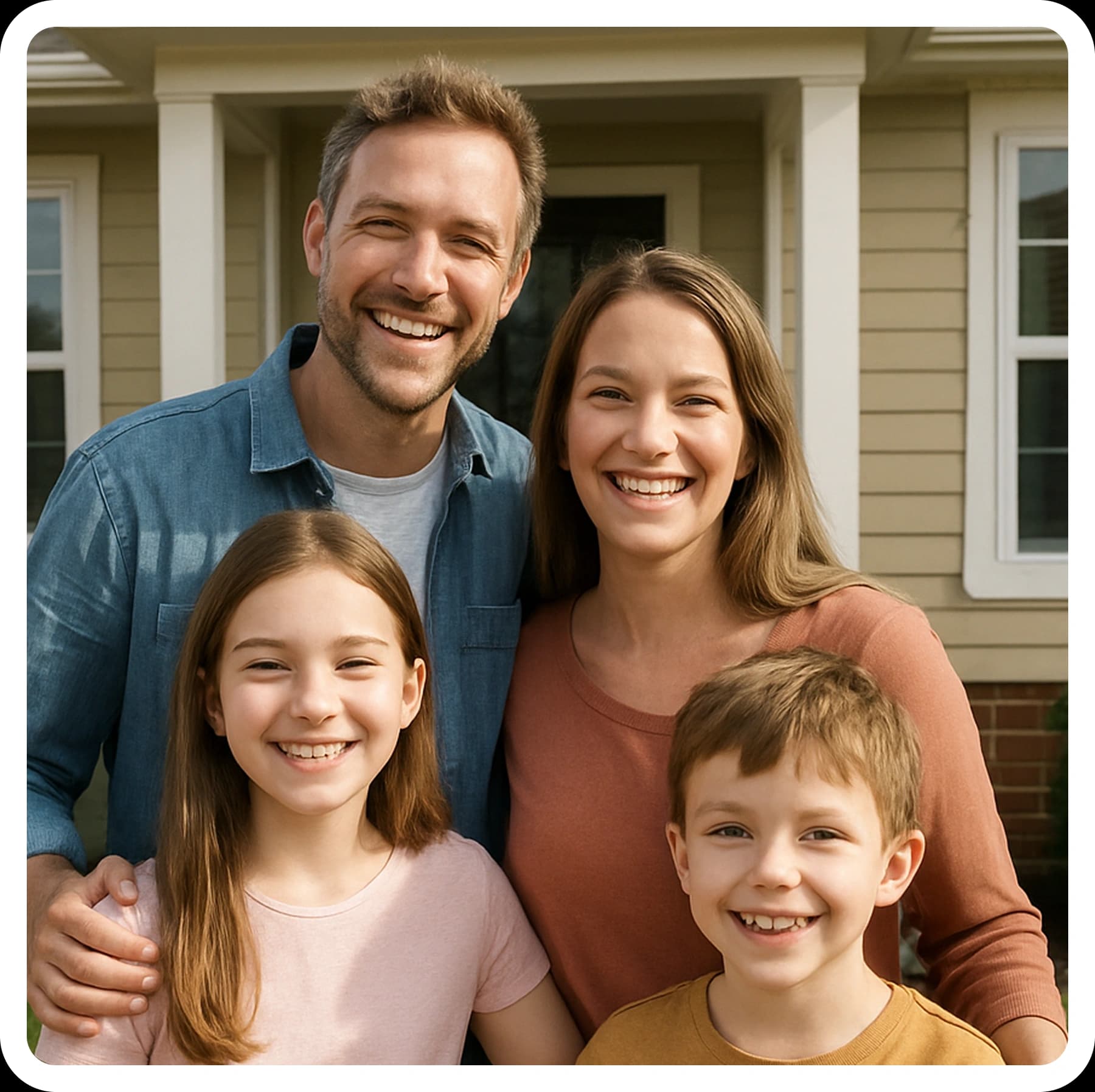 Smiling family of four standing in front of a house, father, mother, daughter, and son