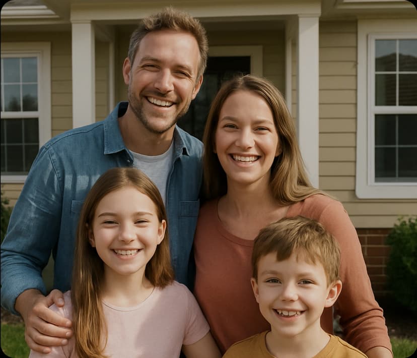 Smiling family of four standing outside their house